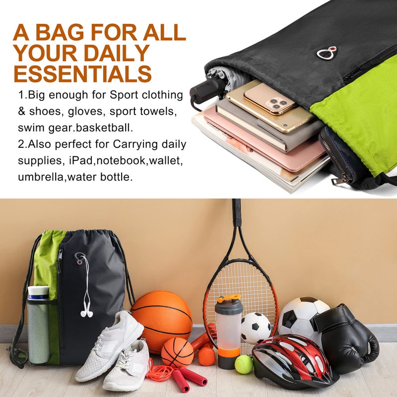 BeeGreen Lime Gym Bag Drawstring Backpack for Women Sports Backpack Workout Bag With 2 Water Bottle Mesh Pockets And Two Zipper Pockets - Image 2
